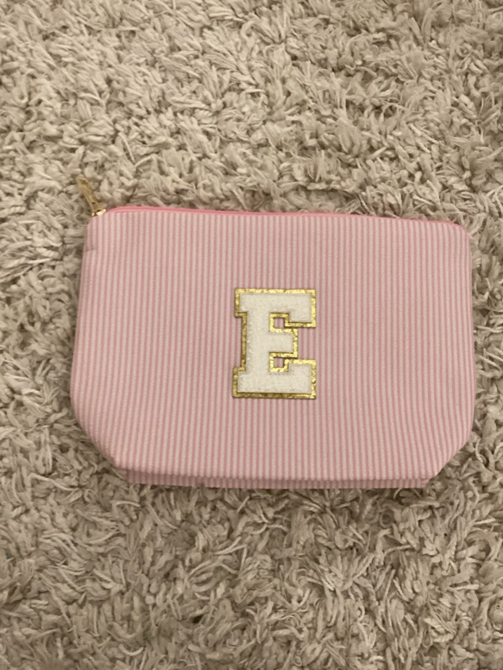 Pink Stripe Makeup Bag with Gold 'E' Initial